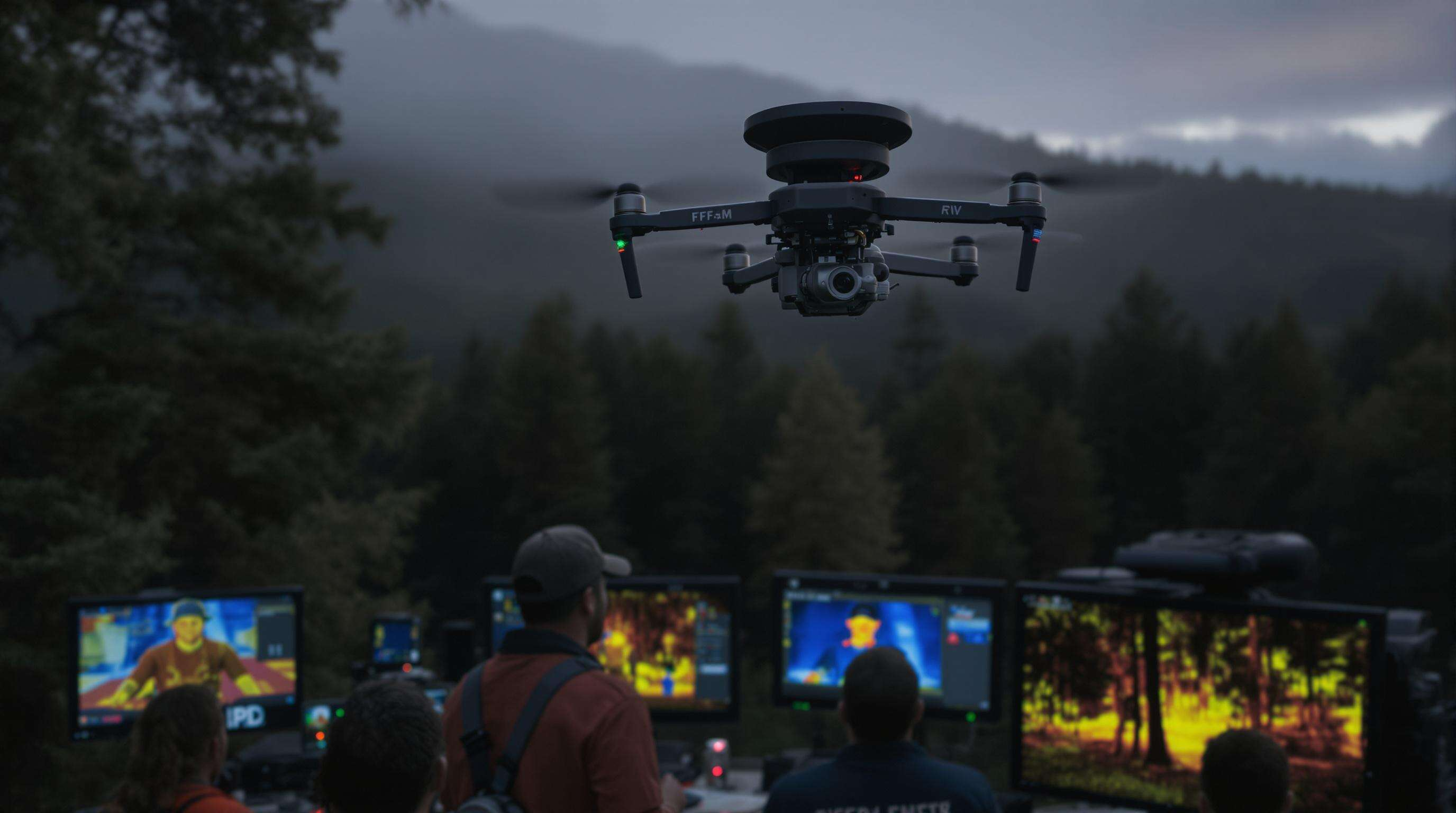 Drone de sauvetage avec haut-parleurs assistant les &eacute;quipes de recherche en milieu forestier